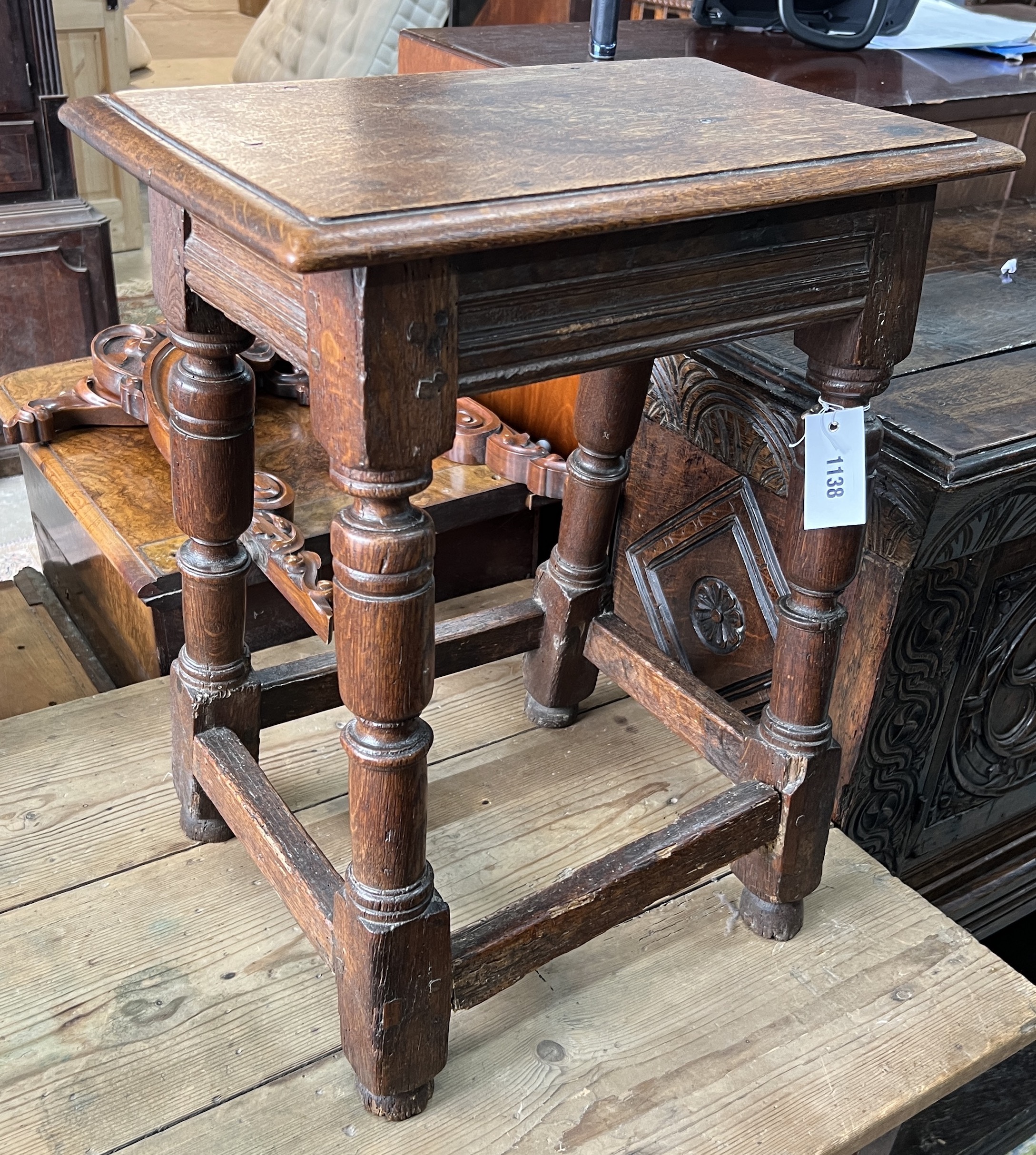 An early 18th century and later rectangular oak joynt stool (a.f.), width 44cm, depth 28cm, height 54cm